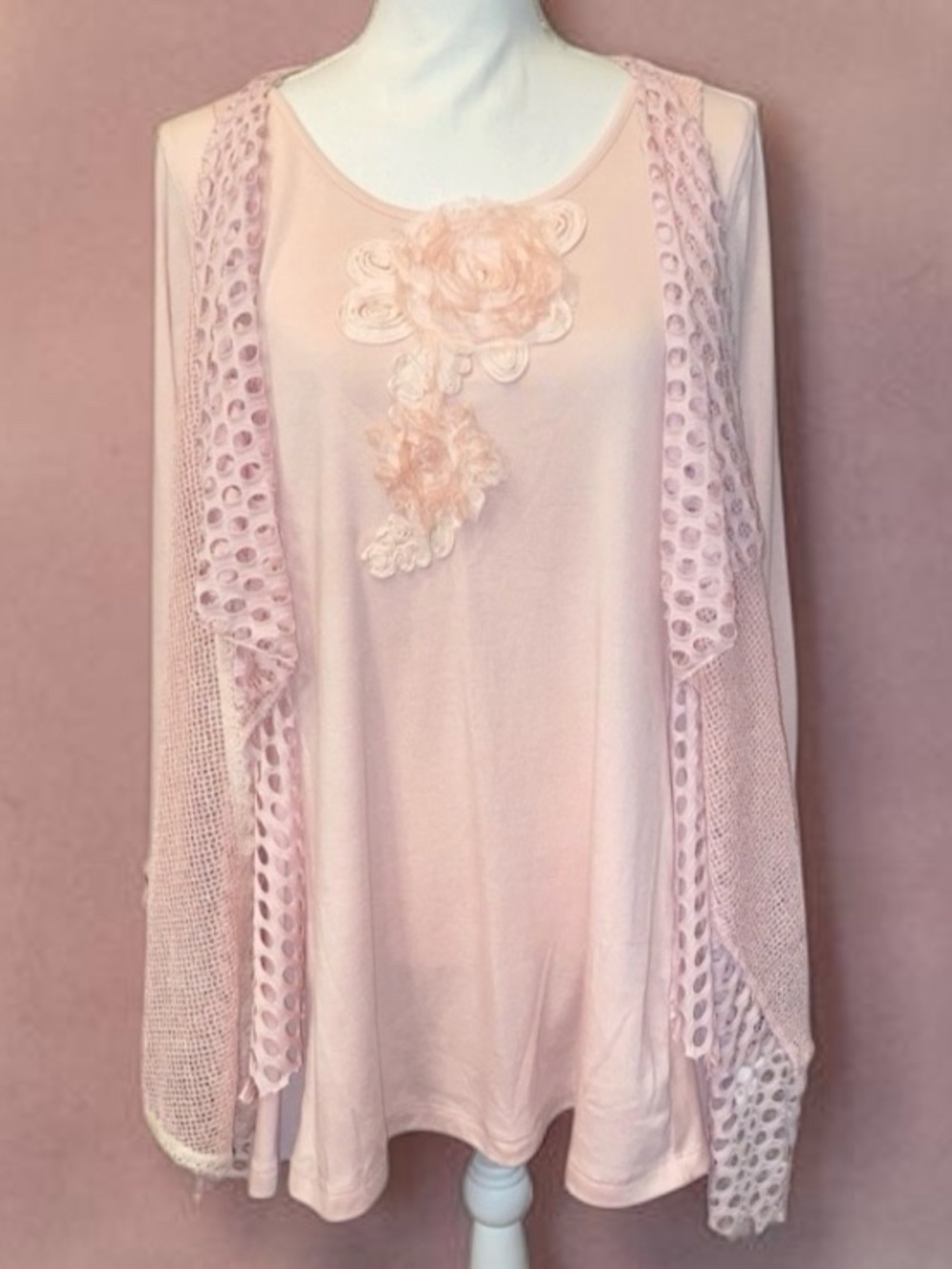 ALI MILES Built-In Cardigan Tunic Blouse in Light Dusty Rose Size Medium